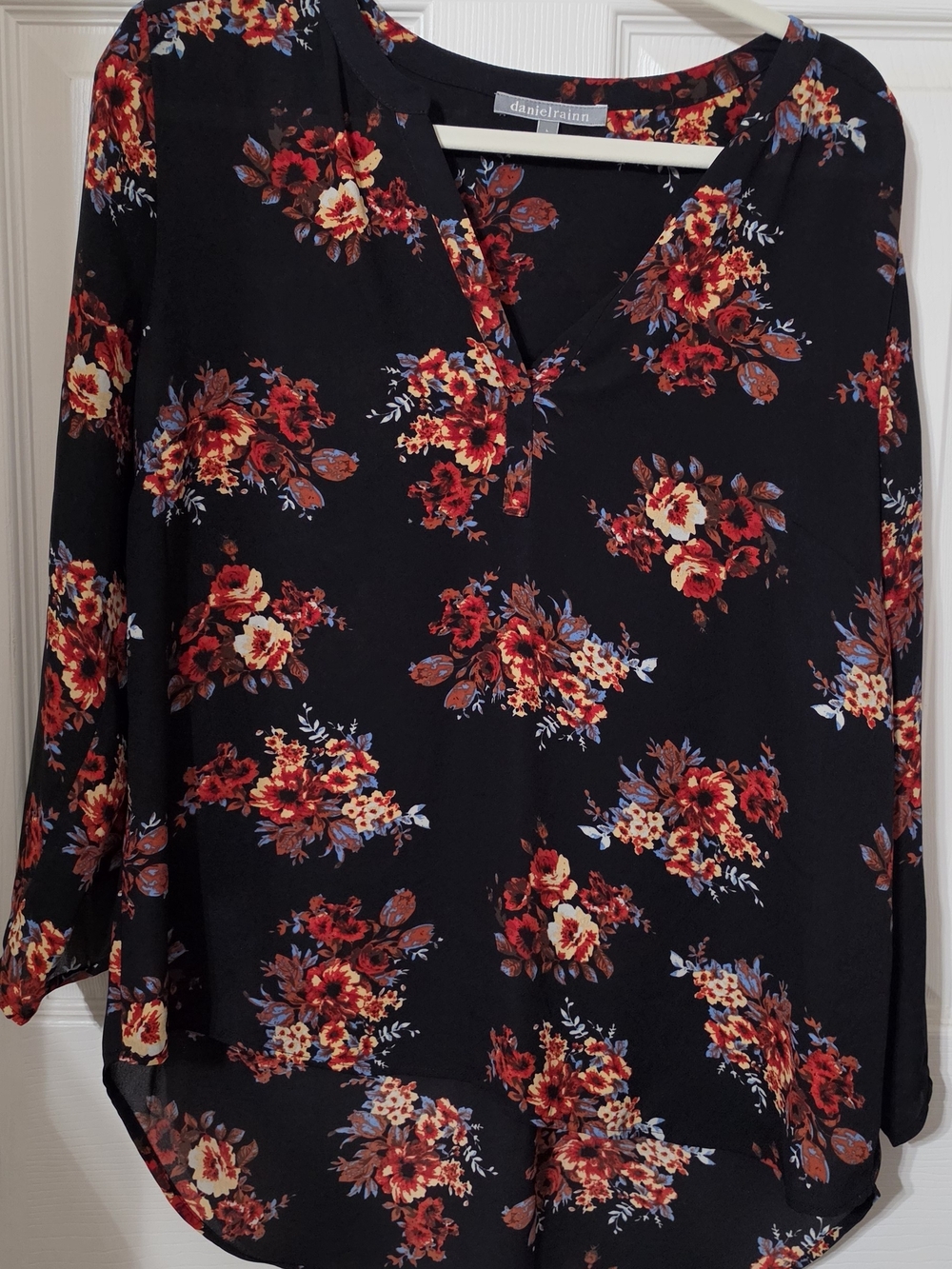 Daniel Rainn Black Floral V-Neck Blouse - Red, Cream & Black Bouquet Large
